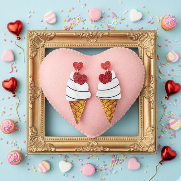 🆕️ Adorable Ice Cream Cone Drop Earrings with Glitter Hearts Fun & Trendy - Picture 6 of 16
